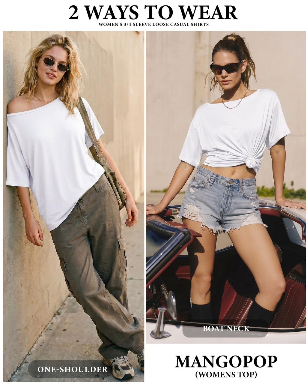MANGOPOP Off-Shoulder Oversized 3/4-sleeve Loose Top White