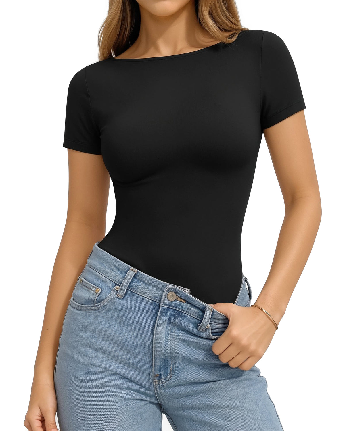 MANGOPOP Short-Sleeve Boat Neck Fitted Tight Y2k Top Black