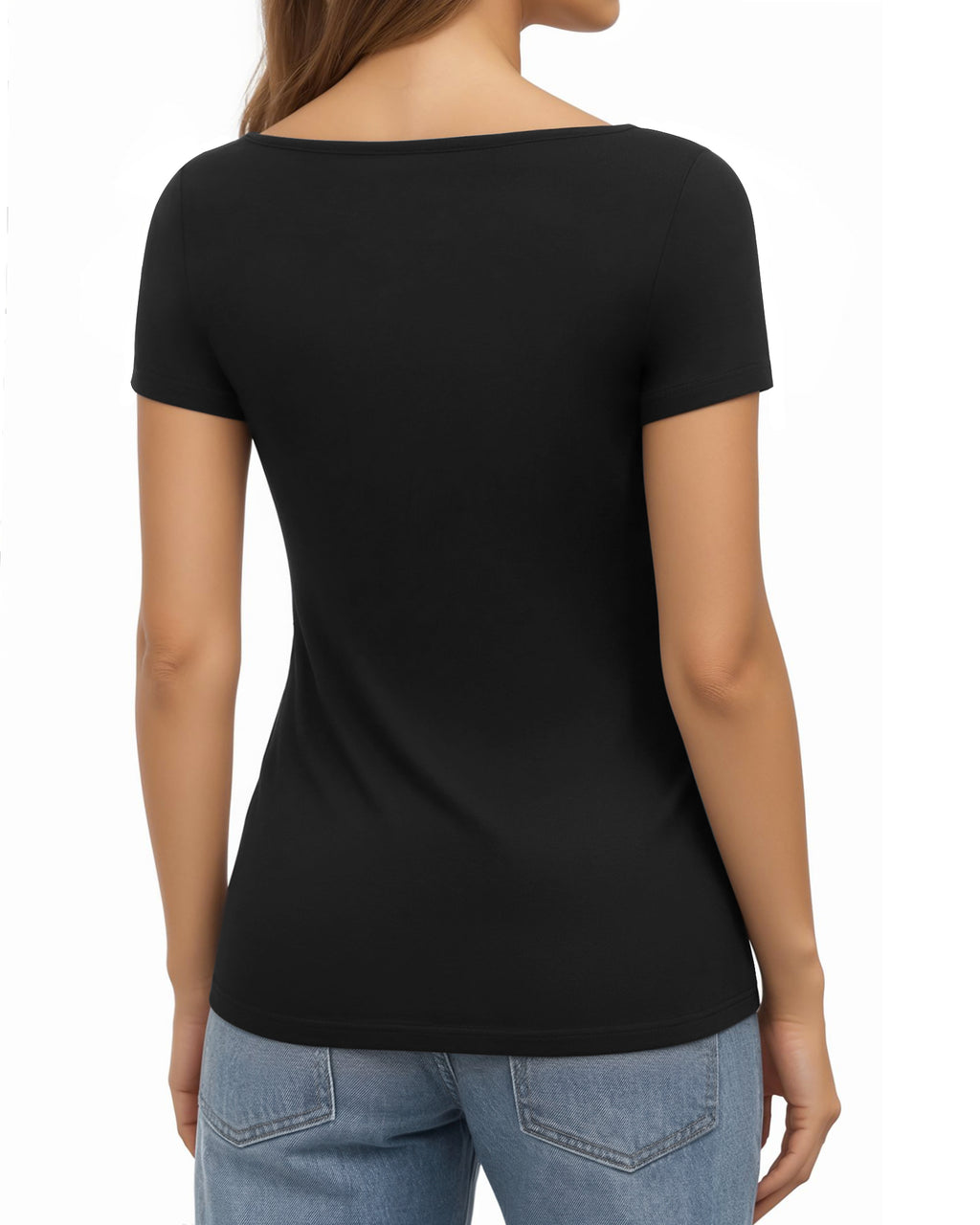 MANGOPOP Short-Sleeve Boat Neck Fitted Tight Y2k Top Black