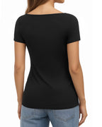 MANGOPOP Short-Sleeve Boat Neck Fitted Tight Y2k Top Black