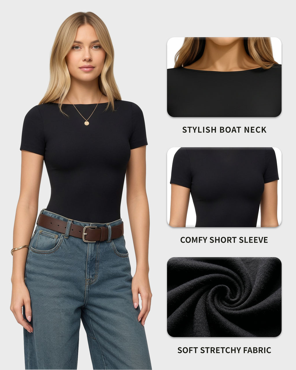 MANGOPOP Short-Sleeve Boat Neck Fitted Tight Y2k Top Black