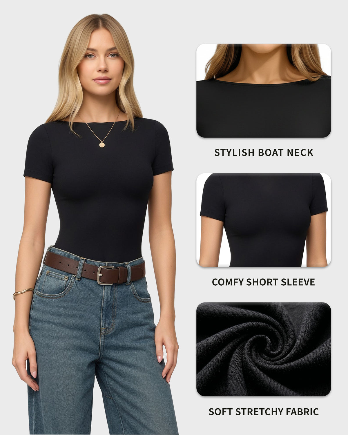 MANGOPOP Short-Sleeve Boat Neck Fitted Tight Y2k Top Black