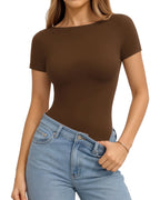 MANGOPOP Short-Sleeve Boat Neck Fitted Tight Y2k Top Brown Coffee