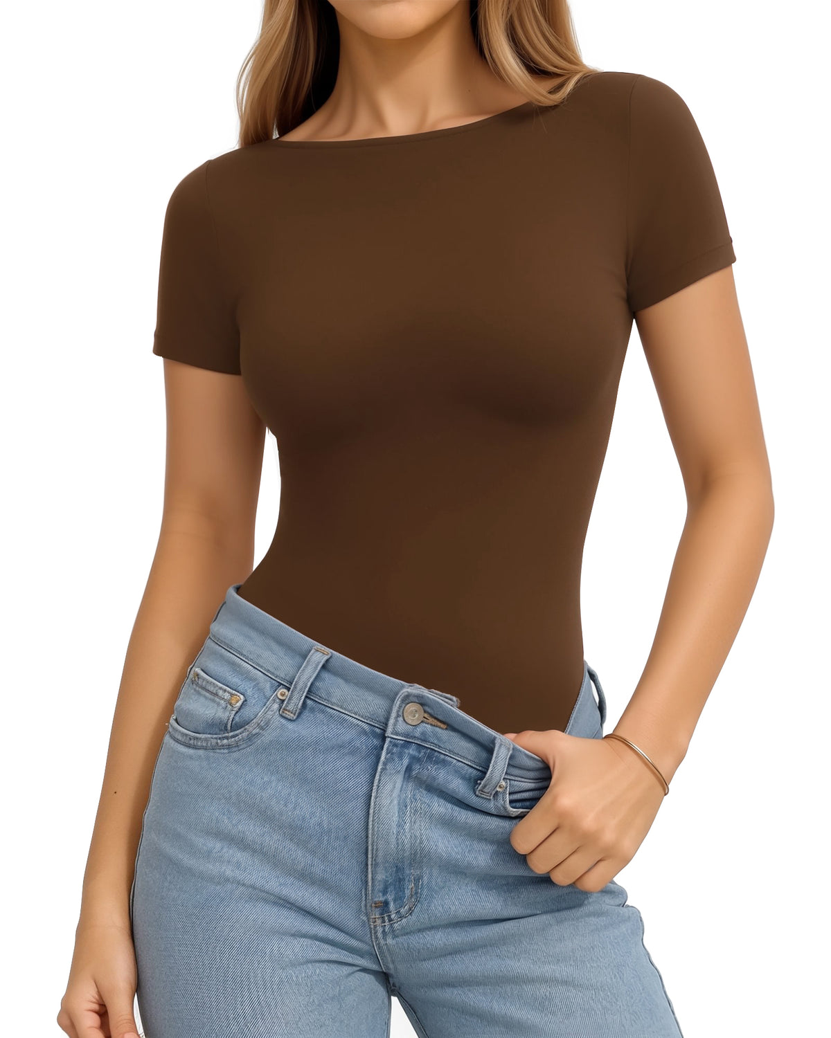 MANGOPOP Short-Sleeve Boat Neck Fitted Tight Y2k Top Brown Coffee