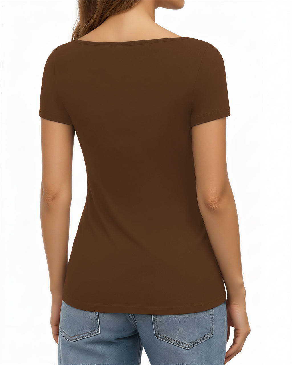 MANGOPOP Short-Sleeve Boat Neck Fitted Tight Y2k Top Brown Coffee