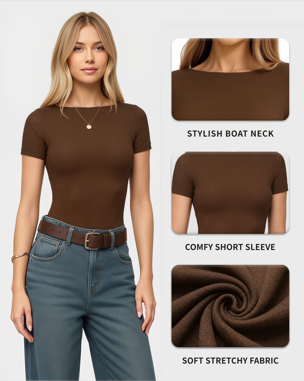 MANGOPOP Short-Sleeve Boat Neck Fitted Tight Y2k Top Brown Coffee