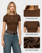 MANGOPOP Short-Sleeve Boat Neck Fitted Tight Y2k Top Brown Coffee