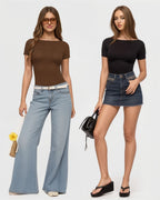 MANGOPOP Short-Sleeve Boat Neck Fitted Tight Y2k Top Brown Coffee