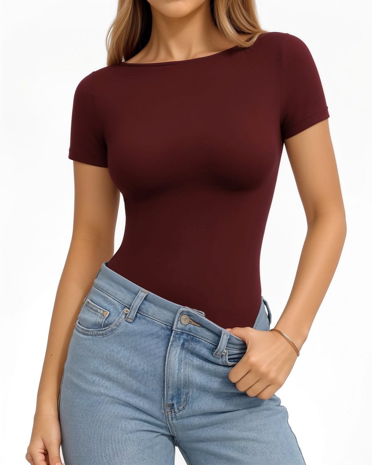 MANGOPOP Short-Sleeve Boat Neck Fitted Tight Y2k Top Burgundy
