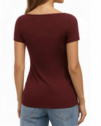 MANGOPOP Short-Sleeve Boat Neck Fitted Tight Y2k Top Burgundy