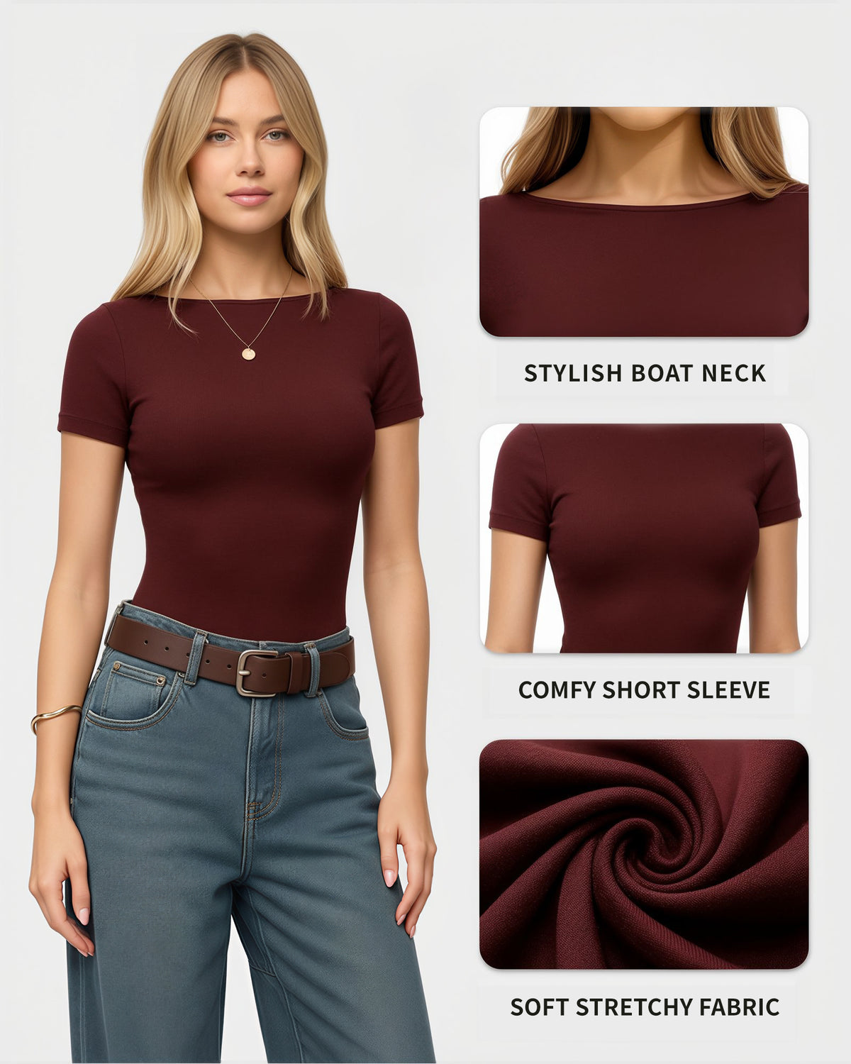 MANGOPOP Short-Sleeve Boat Neck Fitted Tight Y2k Top Burgundy