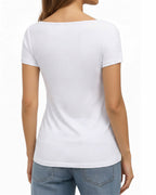 MANGOPOP Short-Sleeve Boat Neck Fitted Tight Y2k Top Creamy White