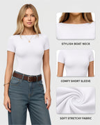 MANGOPOP Short-Sleeve Boat Neck Fitted Tight Y2k Top Creamy White