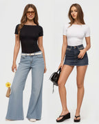 MANGOPOP Short-Sleeve Boat Neck Fitted Tight Y2k Top Creamy White