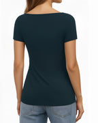 MANGOPOP Short-Sleeve Boat Neck Fitted Tight Y2k Top Deep Blue