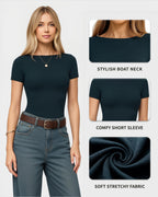MANGOPOP Short-Sleeve Boat Neck Fitted Tight Y2k Top Deep Blue