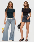 MANGOPOP Short-Sleeve Boat Neck Fitted Tight Y2k Top Deep Blue