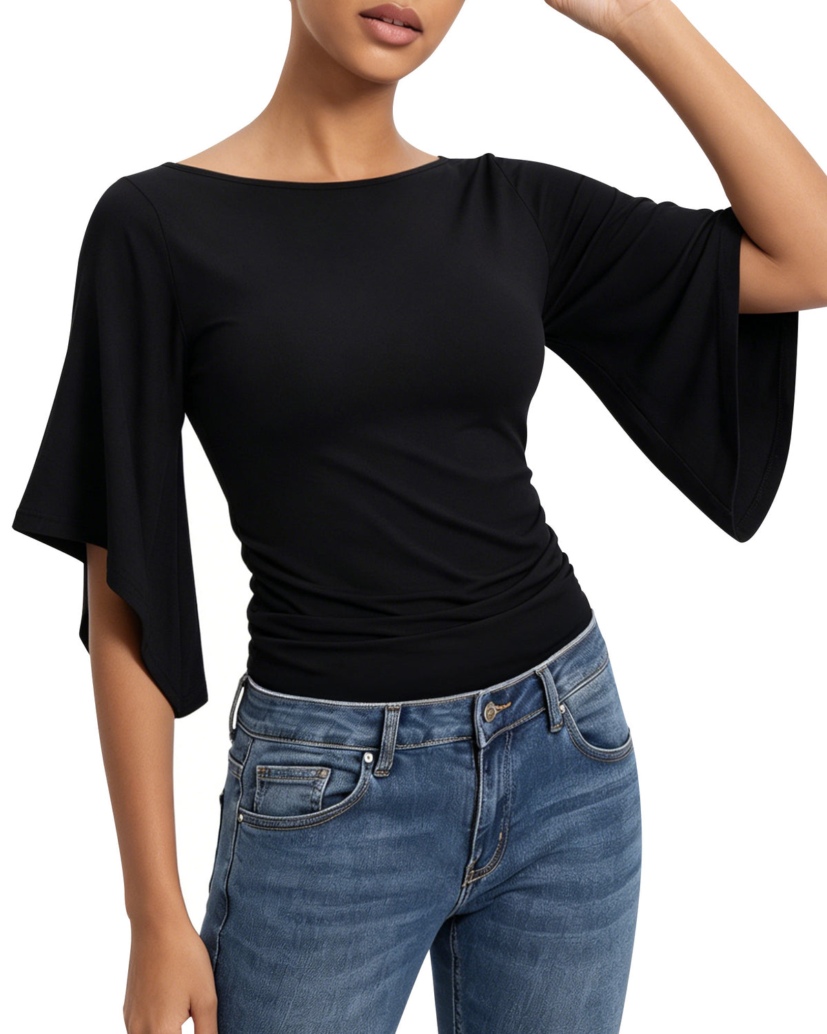 MANGOPOP Boat Neck 3/4-sleeve Bell Sleeve Fitted Top Black