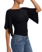 MANGOPOP Boat Neck 3/4-sleeve Bell Sleeve Fitted Top Black