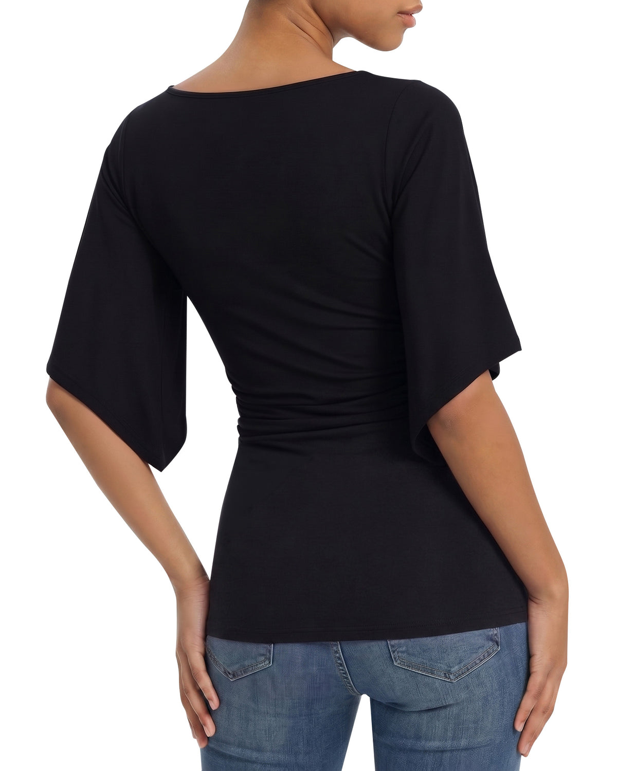 MANGOPOP Boat Neck 3/4-sleeve Bell Sleeve Fitted Top Black