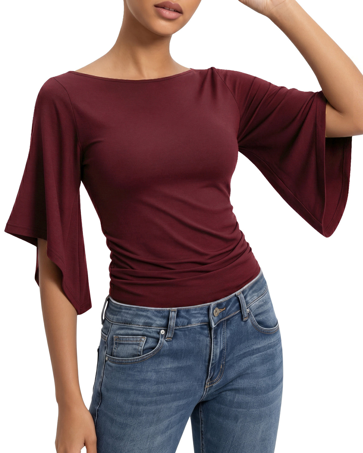 MANGOPOP Boat Neck 3/4-sleeve Bell Sleeve Fitted Top Burgundy