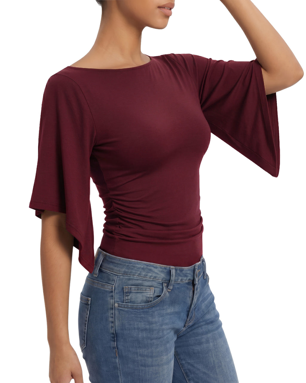 MANGOPOP Boat Neck 3/4-sleeve Bell Sleeve Fitted Top Burgundy