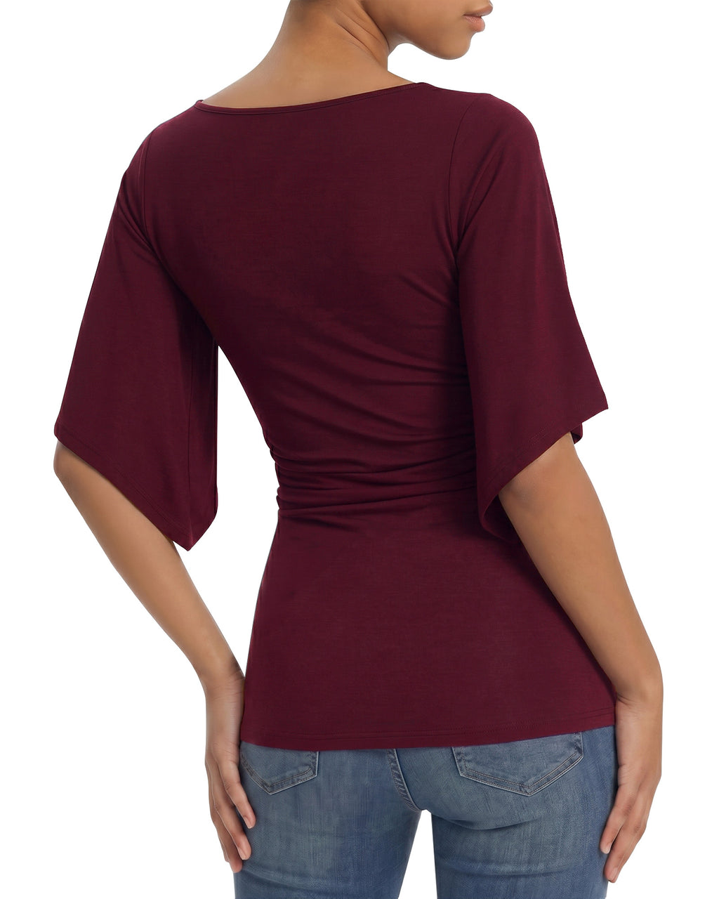 MANGOPOP Boat Neck 3/4-sleeve Bell Sleeve Fitted Top Burgundy