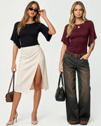 MANGOPOP Boat Neck 3/4-sleeve Bell Sleeve Fitted Top Burgundy
