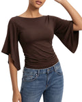 MANGOPOP Boat Neck 3/4-sleeve Bell Sleeve Fitted Top Coffee