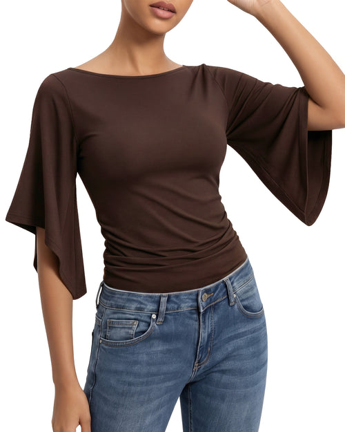 MANGOPOP Boat Neck 3/4-sleeve Bell Sleeve Fitted Top Coffee