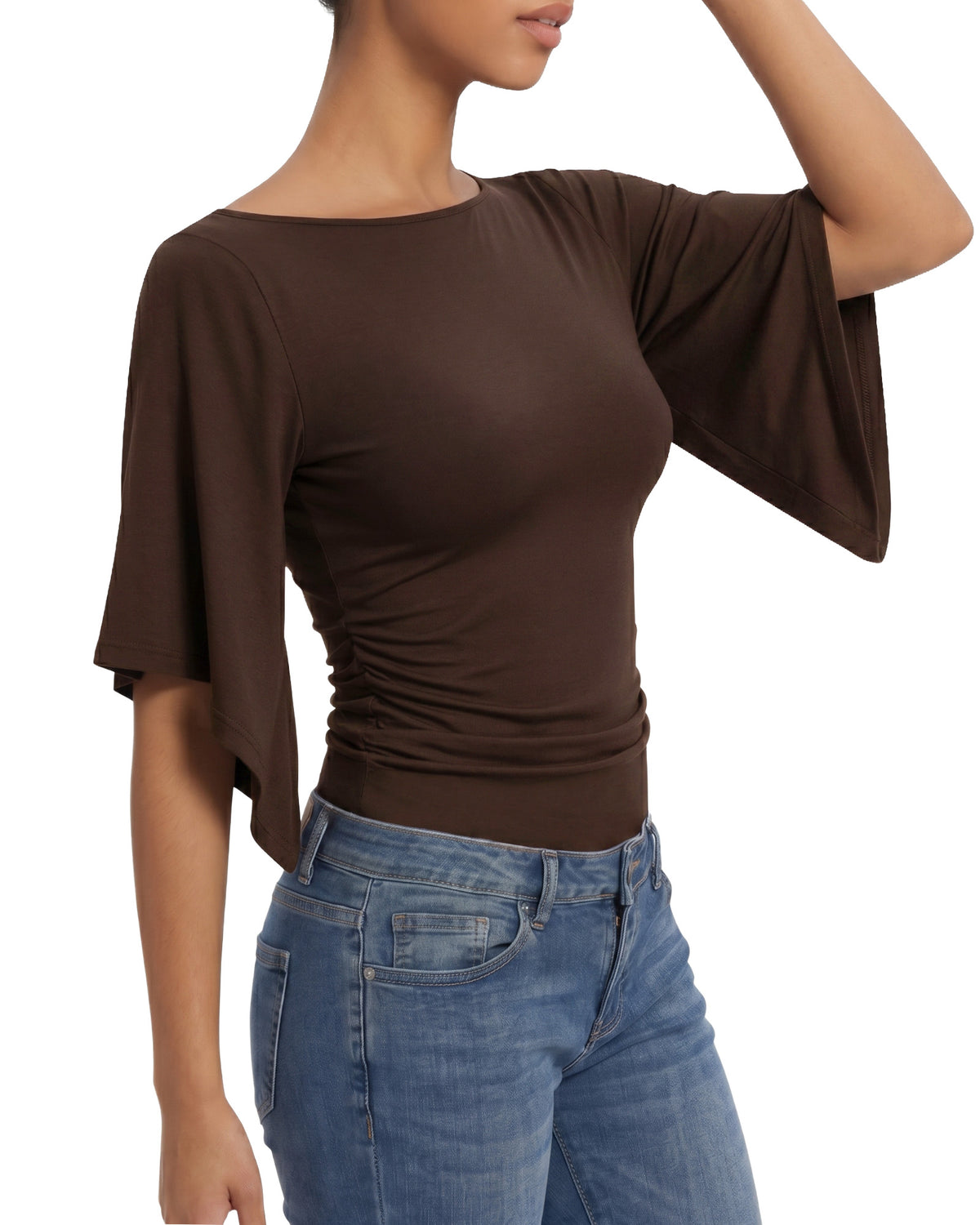 MANGOPOP Boat Neck 3/4-sleeve Bell Sleeve Fitted Top Coffee