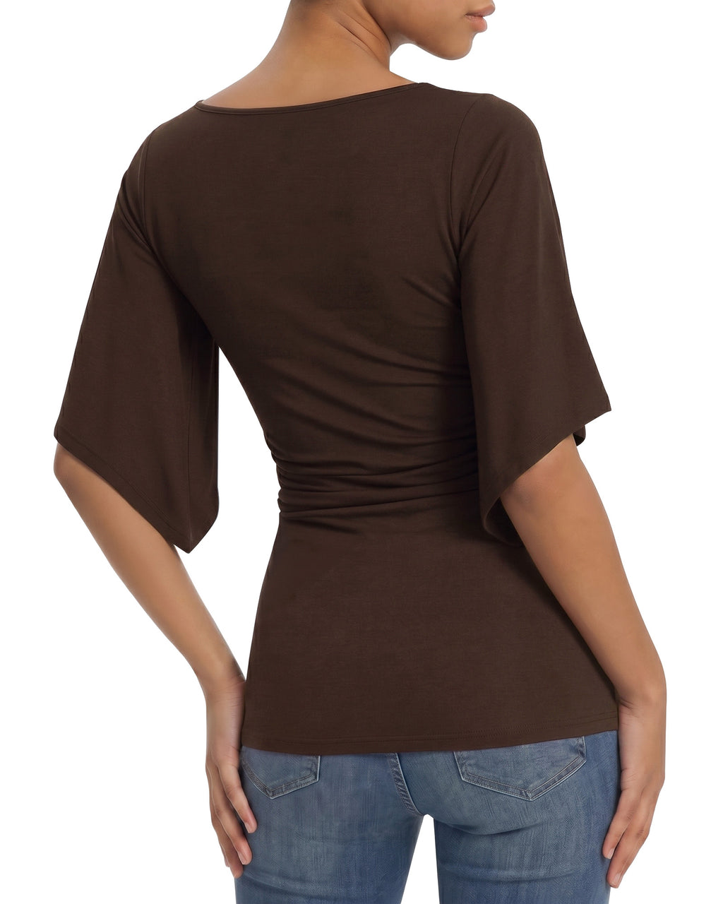 MANGOPOP Boat Neck 3/4-sleeve Bell Sleeve Fitted Top Coffee