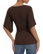 MANGOPOP Boat Neck 3/4-sleeve Bell Sleeve Fitted Top Coffee