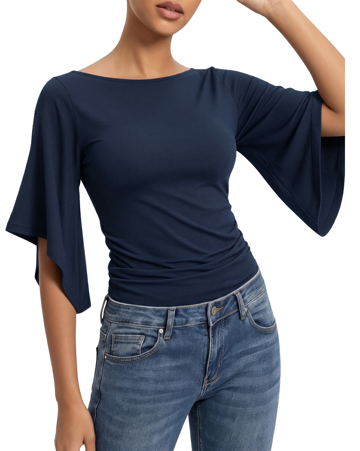 MANGOPOP Boat Neck 3/4-sleeve Bell Sleeve Fitted Top Deep Blue