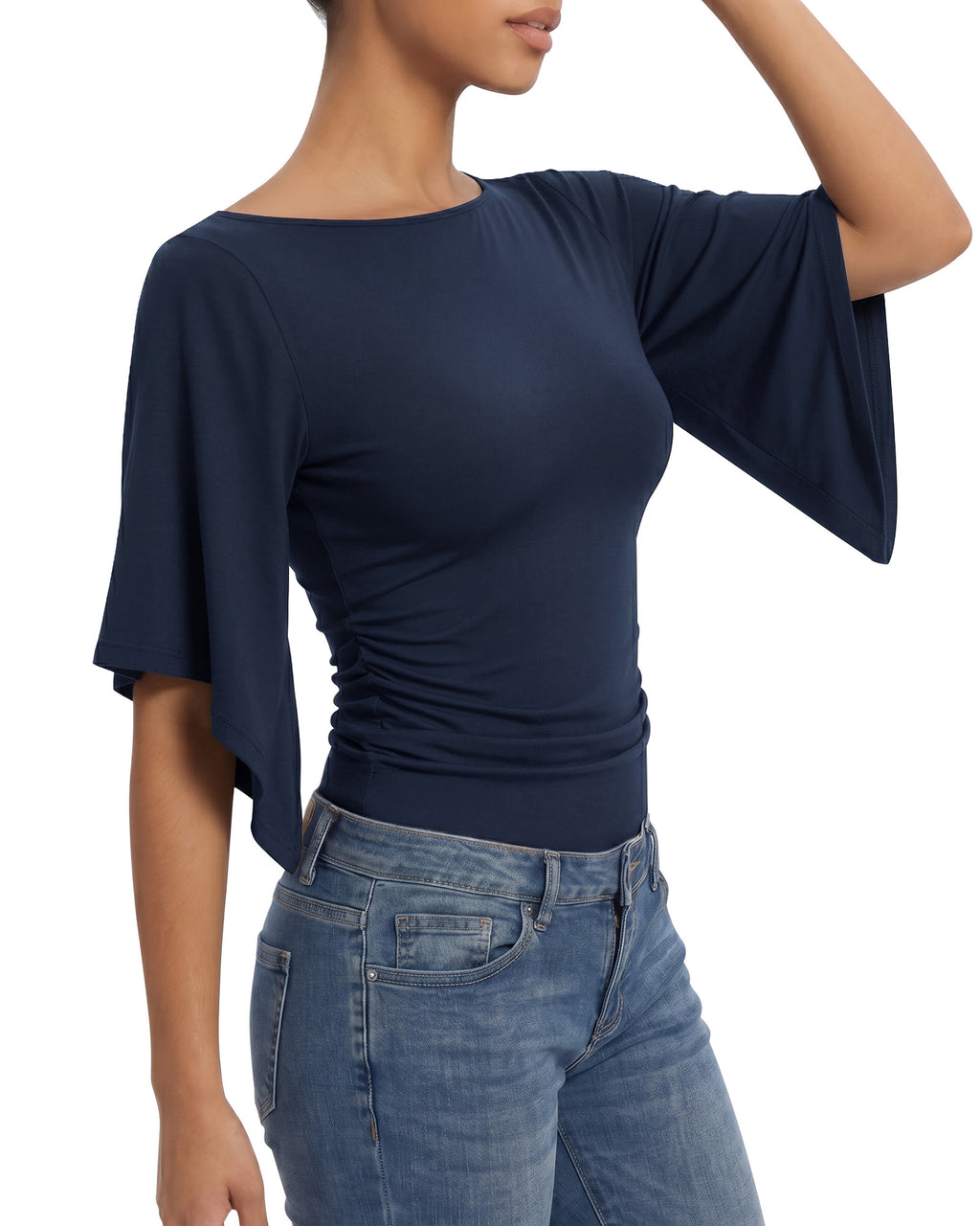 MANGOPOP Boat Neck 3/4-sleeve Bell Sleeve Fitted Top Deep Blue