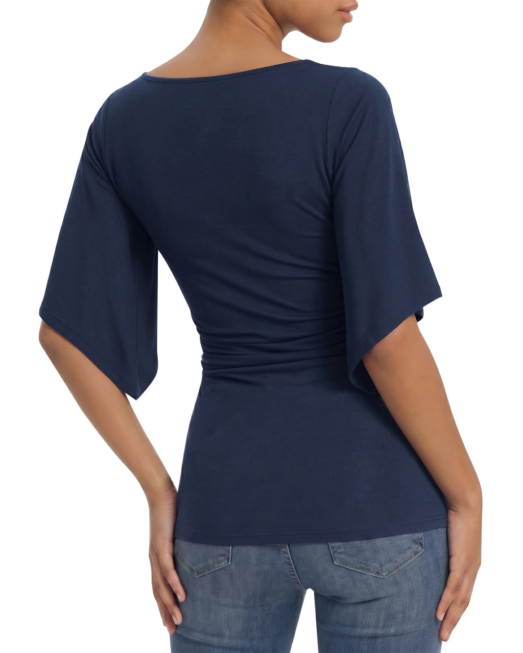 MANGOPOP Boat Neck 3/4-sleeve Bell Sleeve Fitted Top Deep Blue
