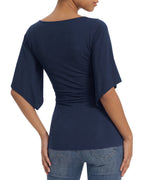 MANGOPOP Boat Neck 3/4-sleeve Bell Sleeve Fitted Top Deep Blue