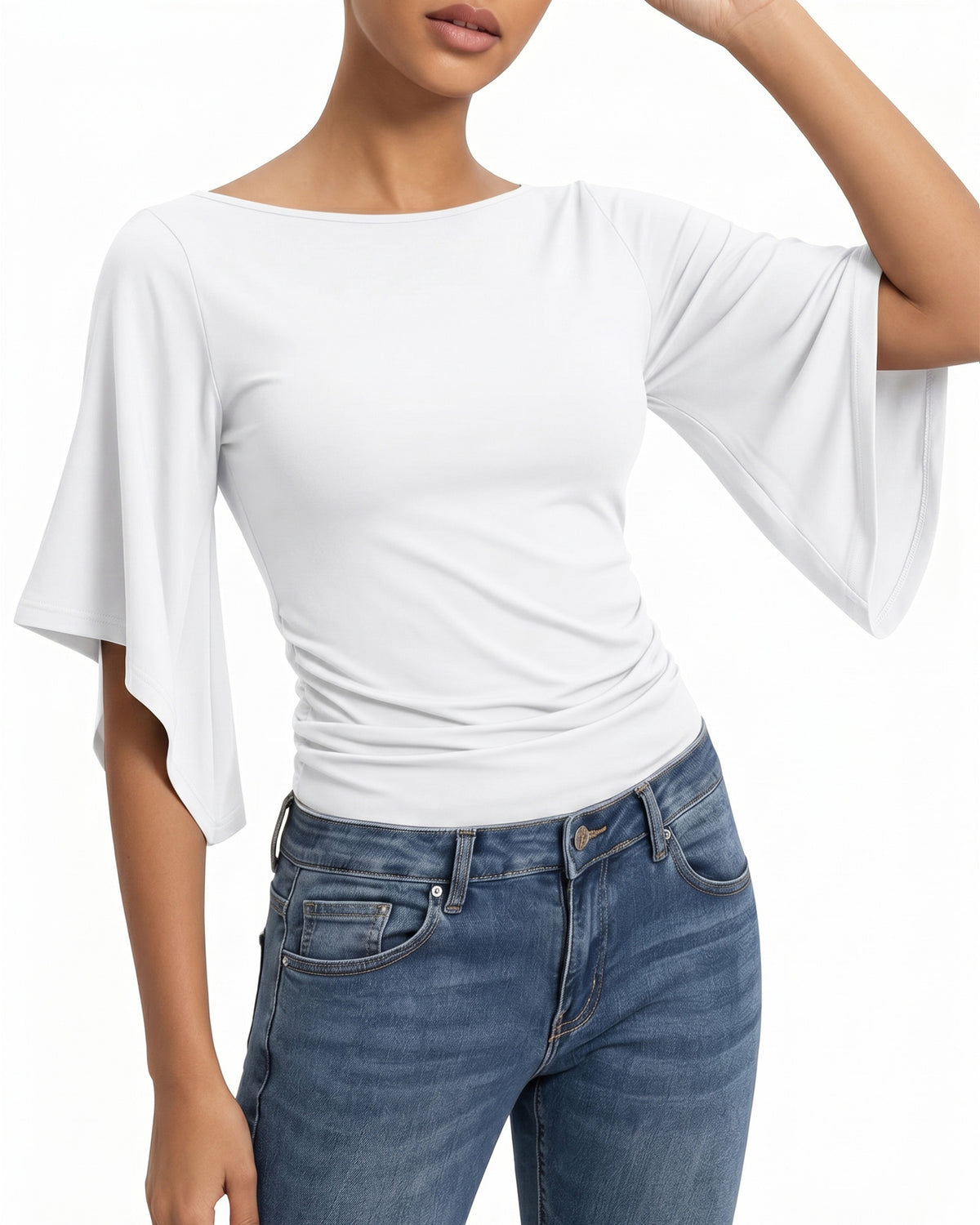 MANGOPOP Boat Neck 3/4-sleeve Bell Sleeve Fitted Top White