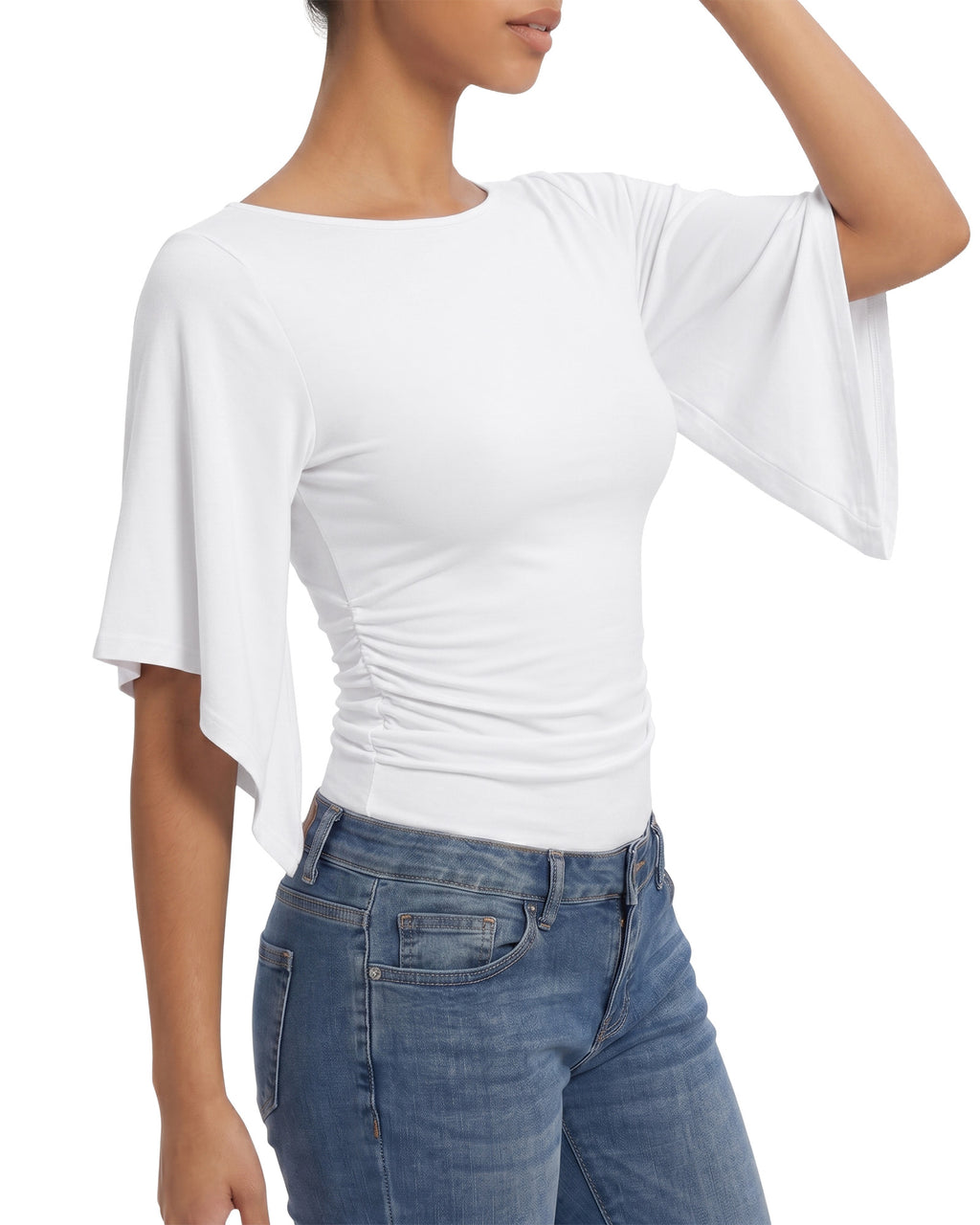 MANGOPOP Boat Neck 3/4-sleeve Bell Sleeve Fitted Top White