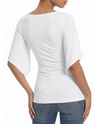 MANGOPOP Boat Neck 3/4-sleeve Bell Sleeve Fitted Top White