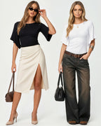 MANGOPOP Boat Neck 3/4-sleeve Bell Sleeve Fitted Top White