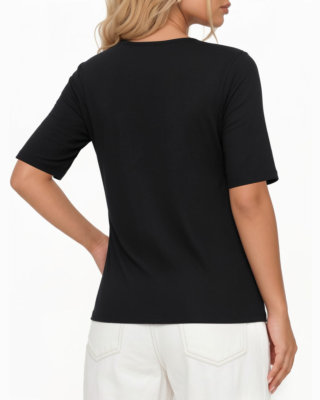MANGOPOP Half-Sleeve Cowl Neck 3/4-sleeve T Blouse Black