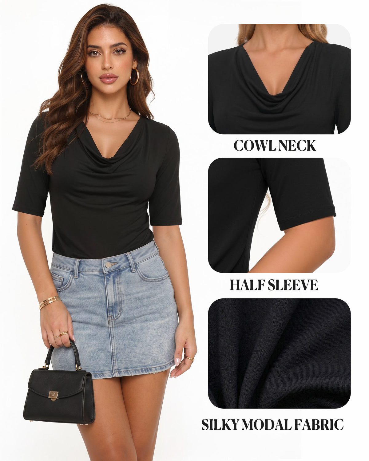 MANGOPOP Half-Sleeve Cowl Neck 3/4-sleeve T Blouse Black