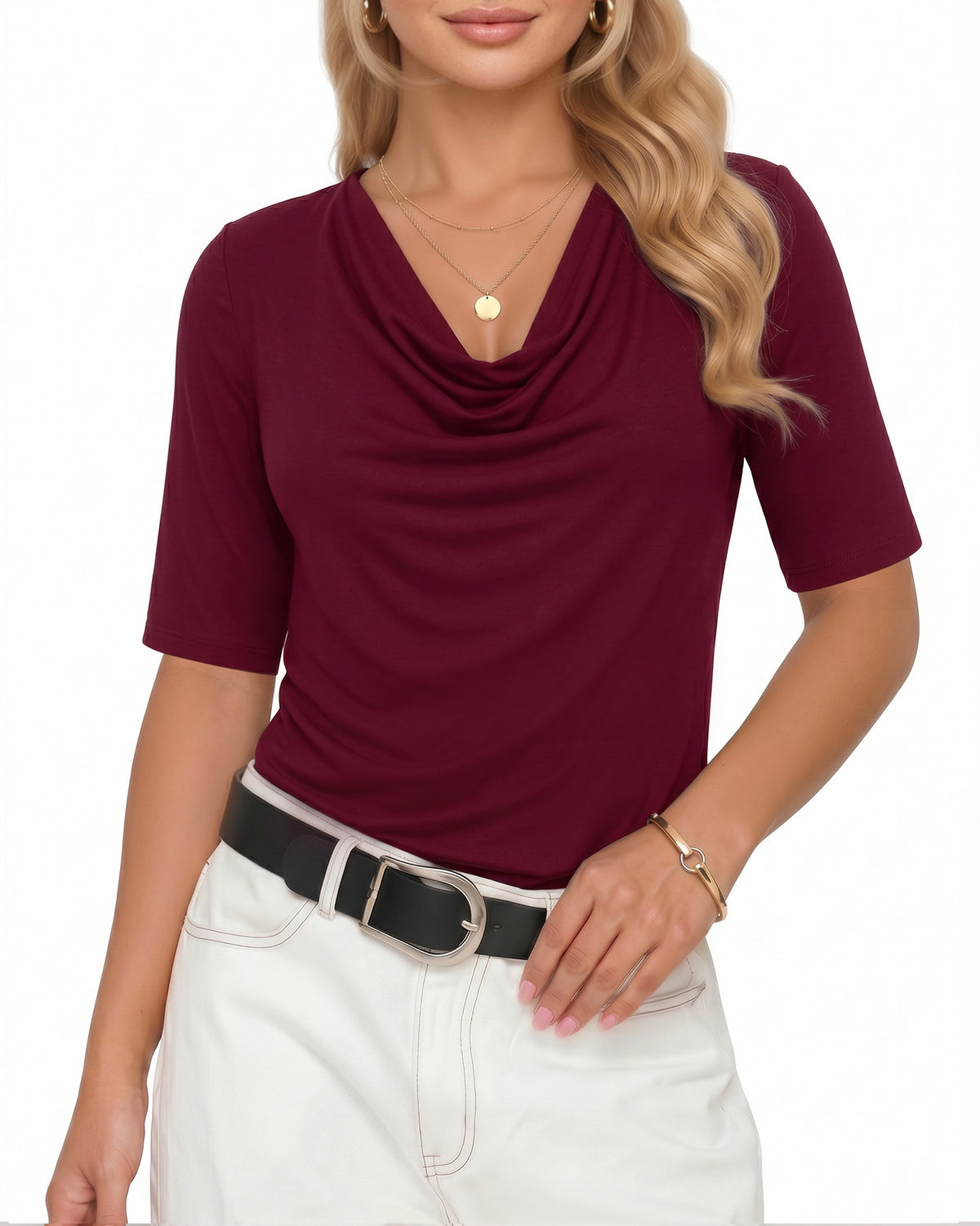 MANGOPOP Half-Sleeve Cowl Neck 3/4-sleeve T Blouse Burgundy