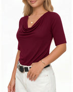 MANGOPOP Half-Sleeve Cowl Neck 3/4-sleeve T Blouse Burgundy