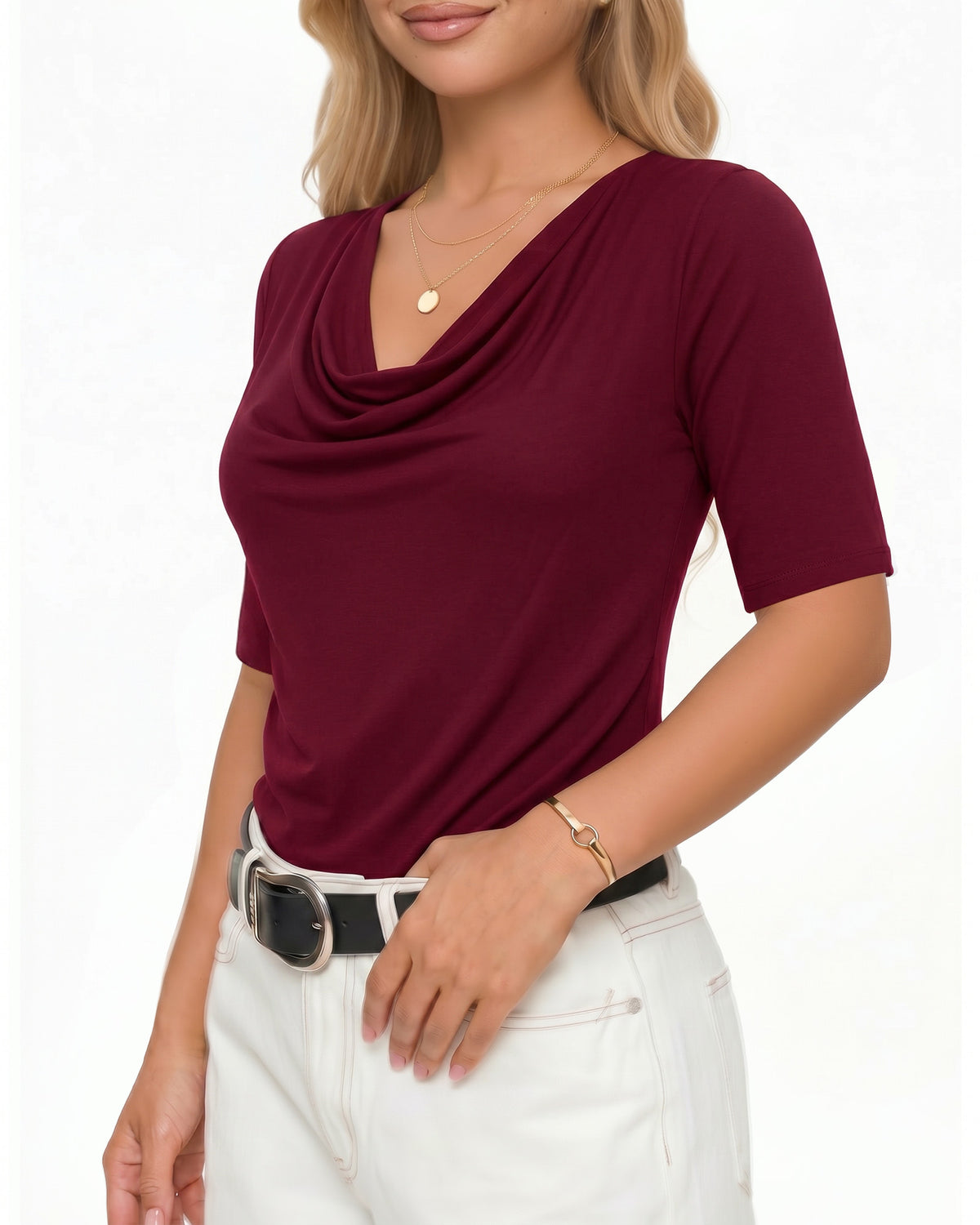MANGOPOP Half-Sleeve Cowl Neck 3/4-sleeve T Blouse Burgundy