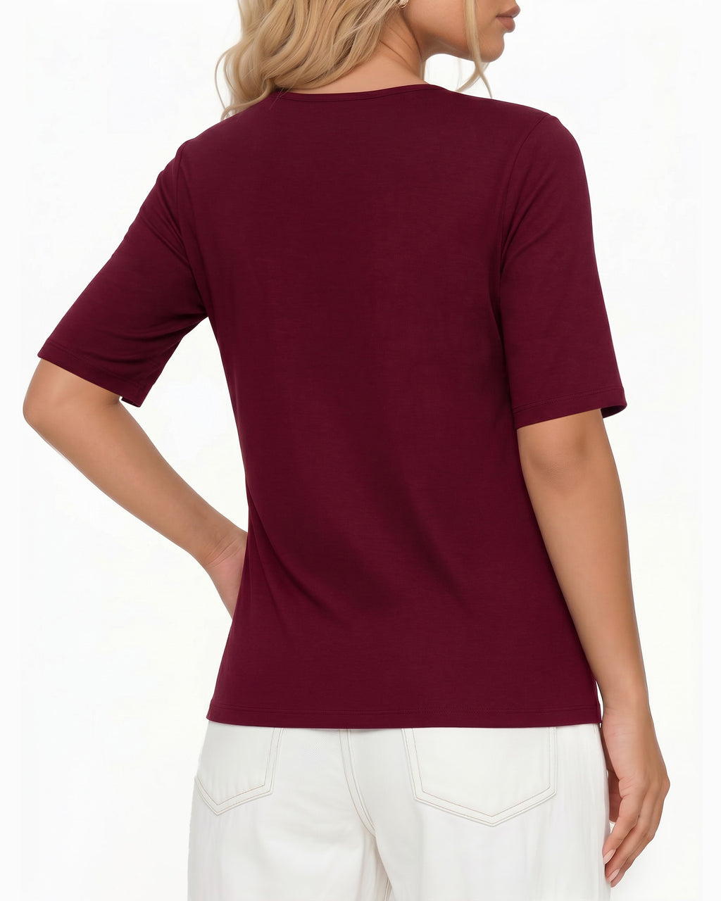 MANGOPOP Half-Sleeve Cowl Neck 3/4-sleeve T Blouse Burgundy