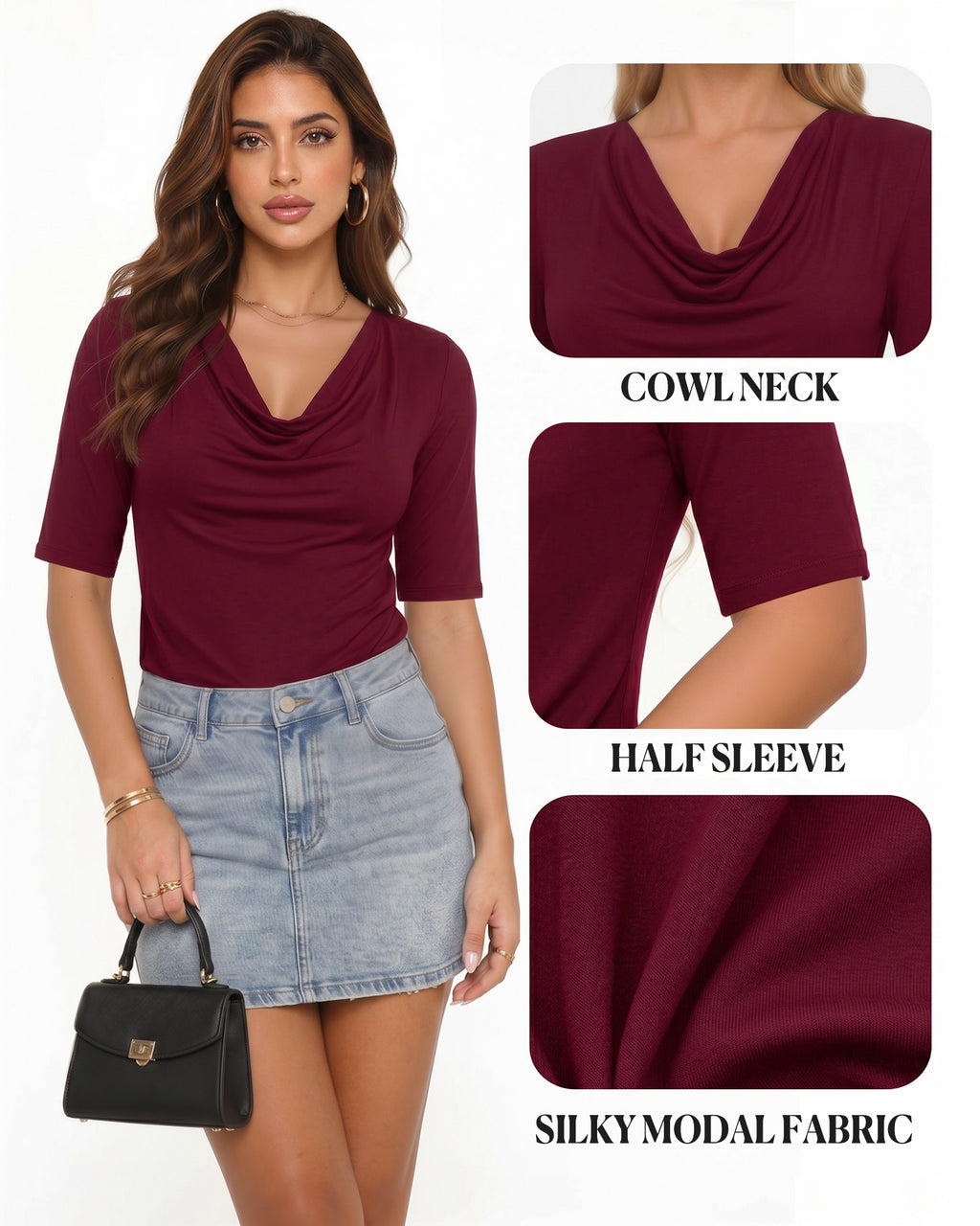 MANGOPOP Half-Sleeve Cowl Neck 3/4-sleeve T Blouse Burgundy