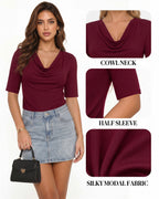 MANGOPOP Half-Sleeve Cowl Neck 3/4-sleeve T Blouse Burgundy