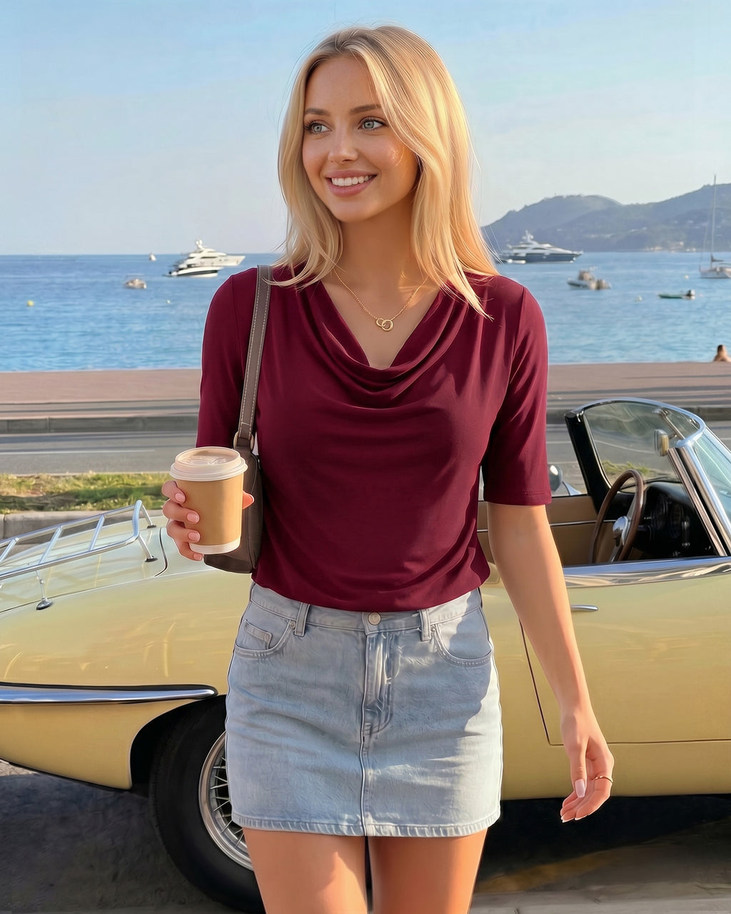 MANGOPOP Half-Sleeve Cowl Neck 3/4-sleeve T Blouse Burgundy